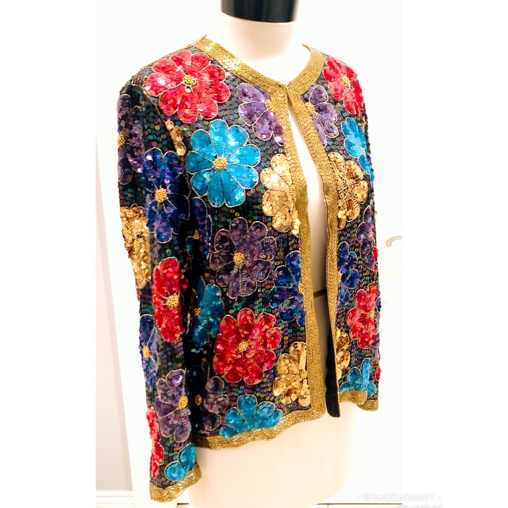 Vintage Leslie Fay Evenings Sequin Silk Jacket S - Picture 2 of 8
